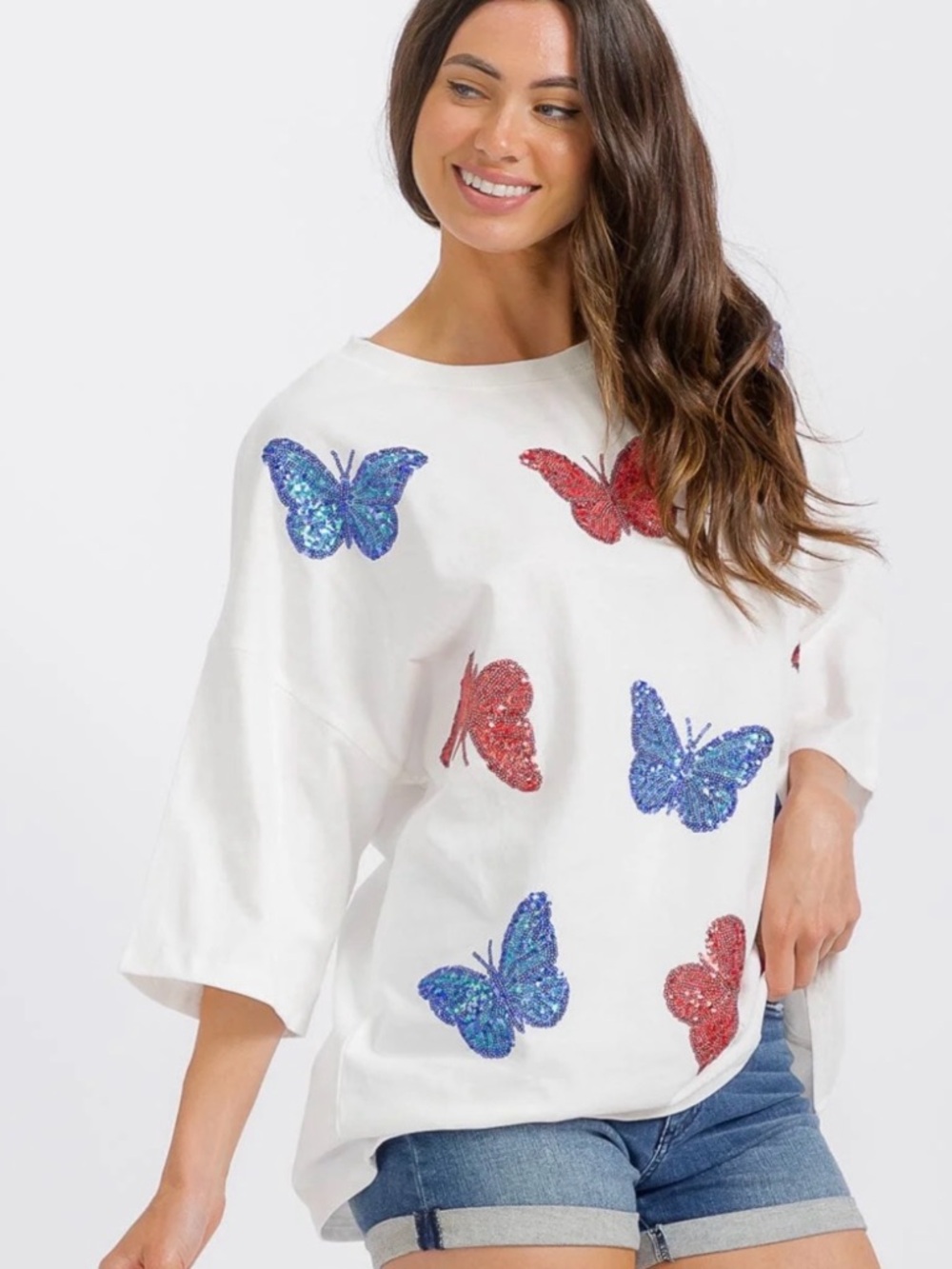 New White Short-Sleeve Tee with Blue & Red Sequin Butterflies